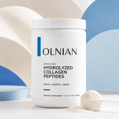 A white tub of OLNIAN Grass-Fed Hydrolyzed Collagen Peptides with a small scoop of powder in front, set against a modern abstract background of cream and blue geometric shapes.