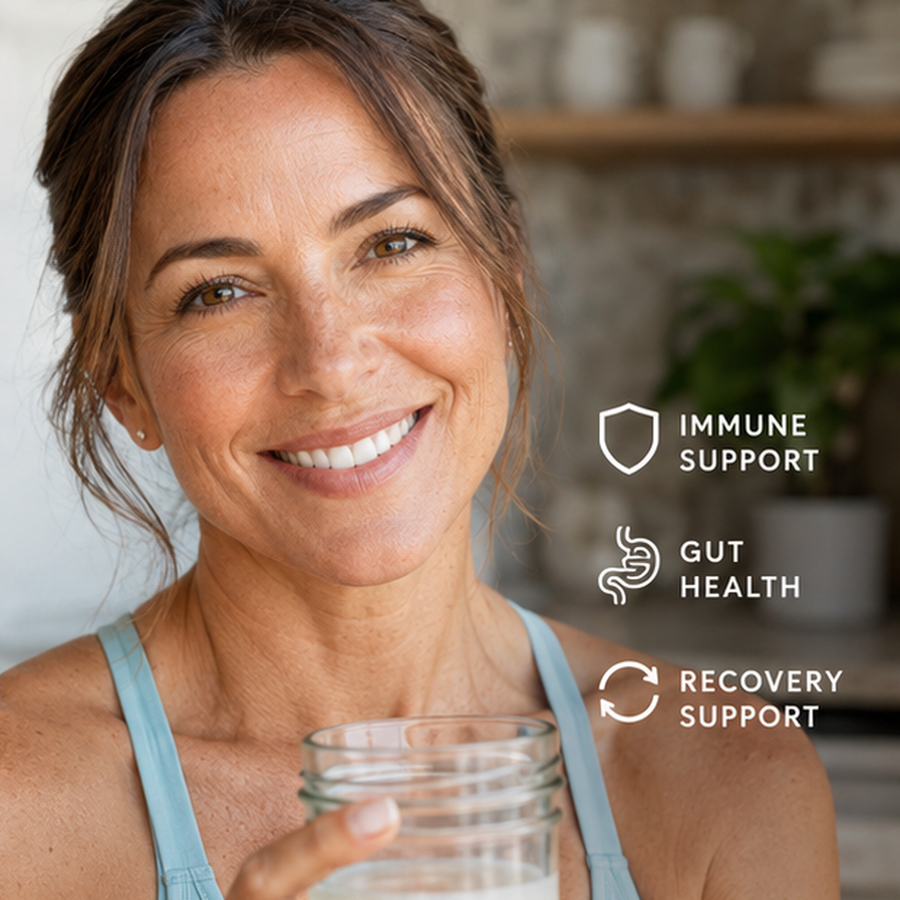 A smiling woman in a light blue tank top holds a glass jar in a bright indoor setting, with white text overlays reading 'Immune Support,' 'Gut Health,' and 'Recovery Support.'.