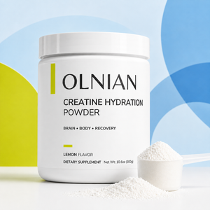 A white tub of OLNIAN Creatine Hydration Powder with a white scoop filled with powder in front, set against a colorful background with blue and yellow abstract shapes.