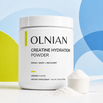 A white tub of OLNIAN Creatine Hydration Powder with a white scoop filled with powder in front, set against a colorful background with blue and yellow abstract shapes.
