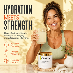 A smiling woman in a ribbed tank top holds a glass of pale yellow drink beside a tub of Iolnian Creatine Hydration Powder on a table, with large marketing text reading 'Hydration Meets Strength' on a warm beige background.