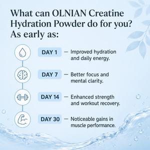 An informational graphic for OLNIAN Creatine Hydration Powder on a light blue background. The text explains benefits over time: Day 1 improved hydration and daily energy, Day 7 better focus and mental clarity, Day 14 enhanced strength and workout recovery, and Day 30 noticeable gains in muscle performance.
