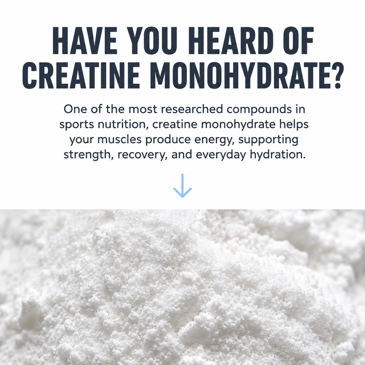 Promotional graphic for creatine monohydrate with the headline 'HAVE YOU HEARD OF CREATINE MONOHYDRATE?' above a close-up photo of white powder.