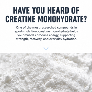 Promotional graphic for creatine monohydrate with the headline 'HAVE YOU HEARD OF CREATINE MONOHYDRATE?' above a close-up photo of white powder.