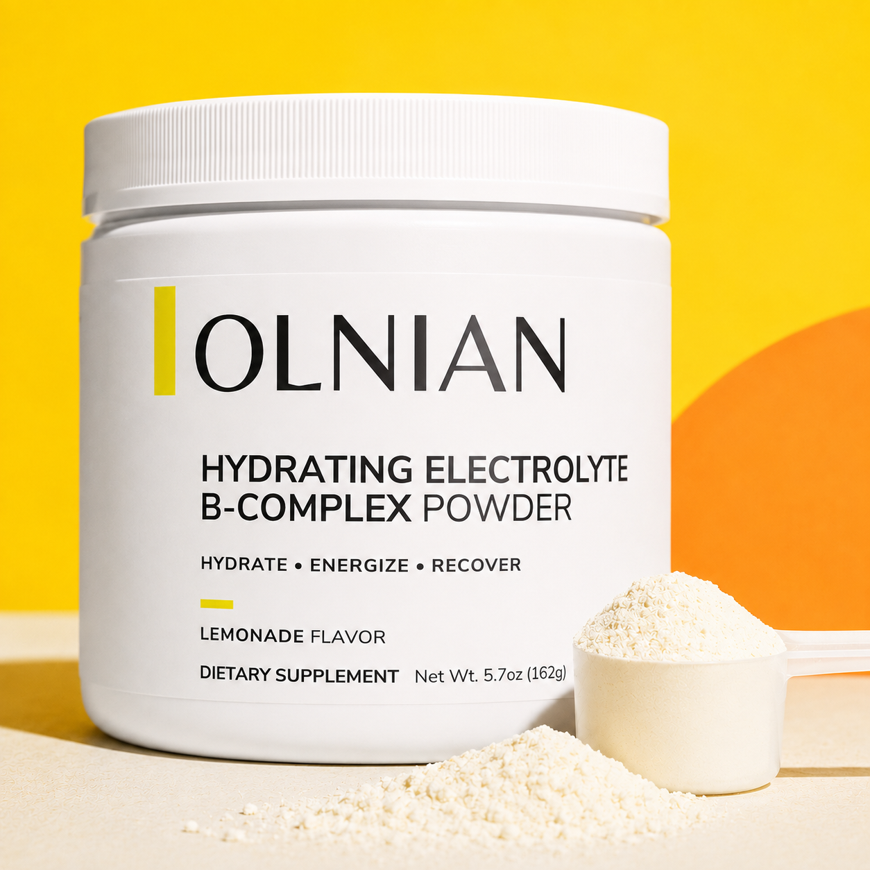 A white tub of OLNIAN Hydrating Electrolyte B-Complex Powder with a scoop and loose powder in front, set against a bright yellow background with an orange shape.