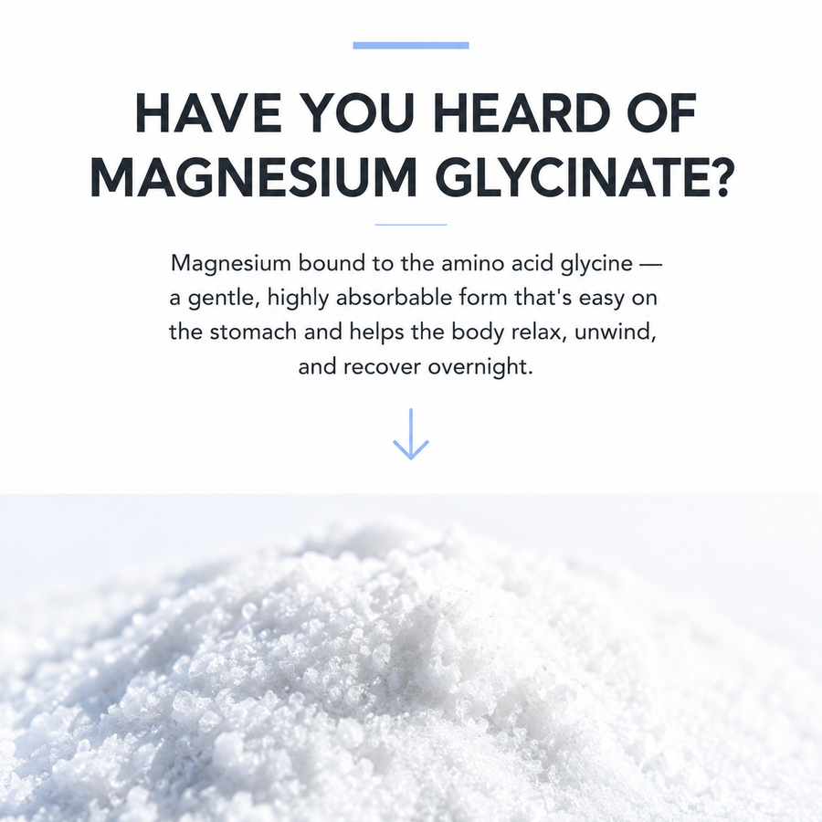 Promotional graphic for magnesium glycinate, with headline text at the top and a close-up photo of white crystalline powder at the bottom.