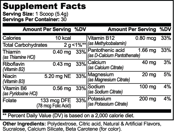 Supplement facts label with detailed nutritional information on a black background