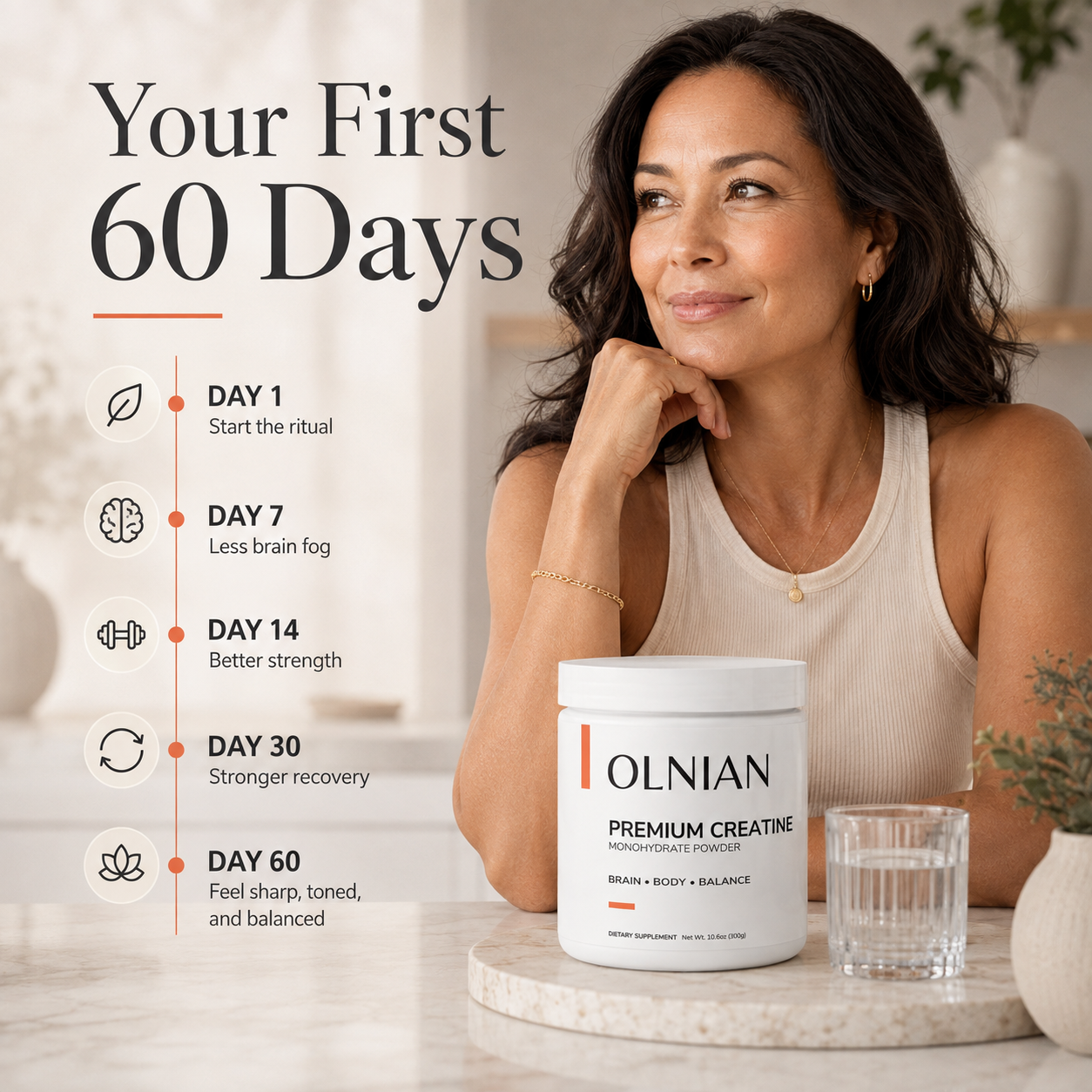 A woman in a beige ribbed tank top sits beside a white tub of OLNIAN Premium Creatine on a marble tray, with a glass of water and a vertical text graphic reading 'Your First 60 Days' and daily progress markers.