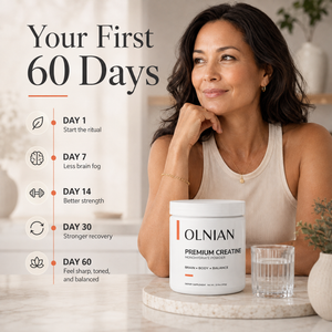 A woman in a beige ribbed tank top sits beside a white tub of OLNIAN Premium Creatine on a marble tray, with a glass of water and a vertical text graphic reading 'Your First 60 Days' and daily progress markers.