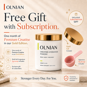 Olnian Creatine Hydration Powder in a white jar with a gold lid, presented in a promotional graphic for a free gift with subscription. The ad includes a gold scoop, text detailing the subscription benefits, and a warm beige background.